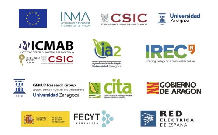 Logos de colaboradores en proyectos de Esciencia: Unión Europea, INMA, CSIC, Unizar, ICMAB, IA2, IREC, CITA, Gobierno de Aragón, FECYT y Red Eléctrica